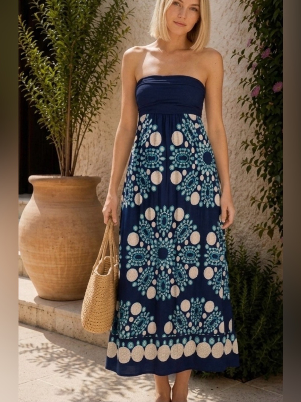 MAEVE Anthropologie Strapless Bandeau Maxi Dress Navy Multi Geo Print 4